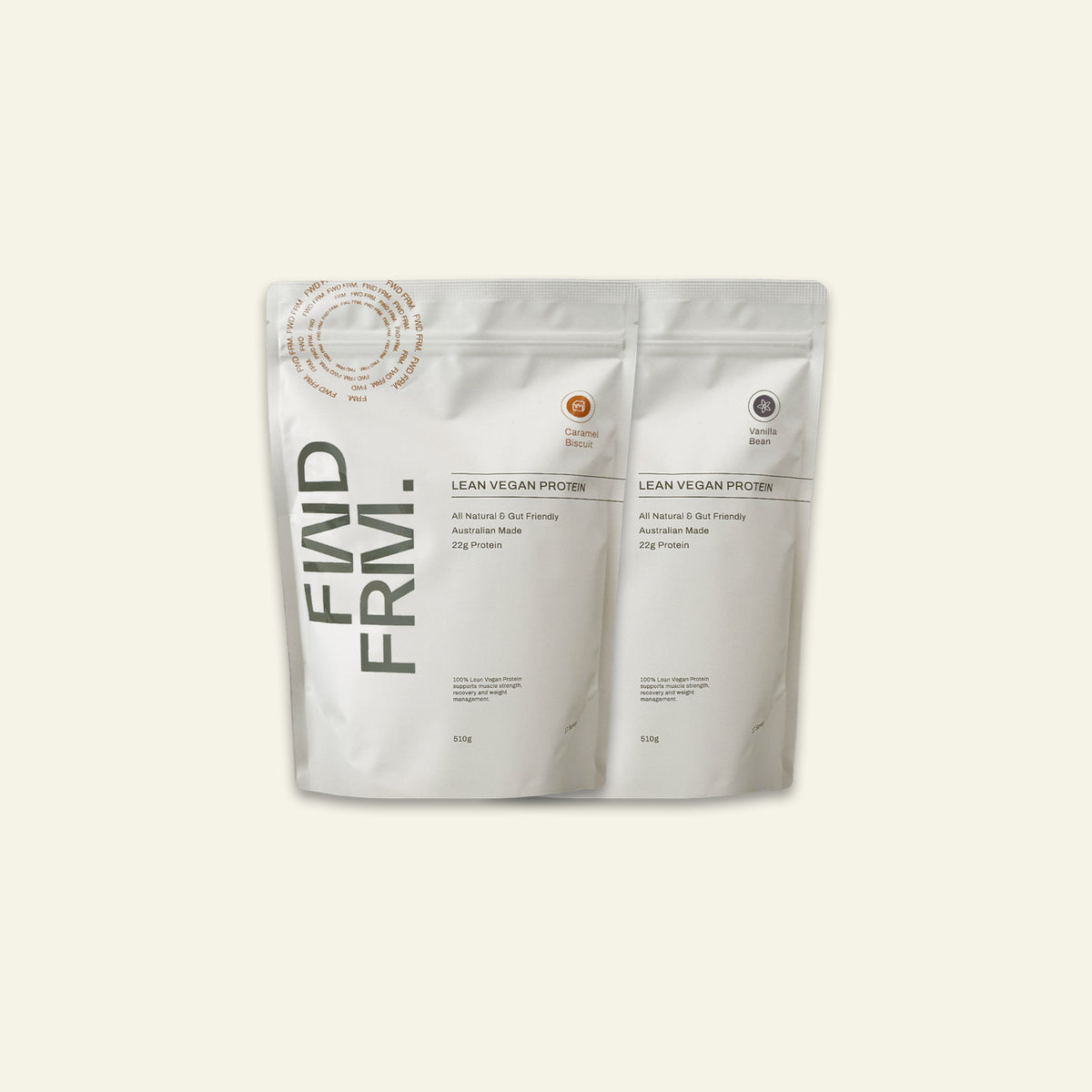 Two 510g pouches of FWD FRM Lean Vegan Protein