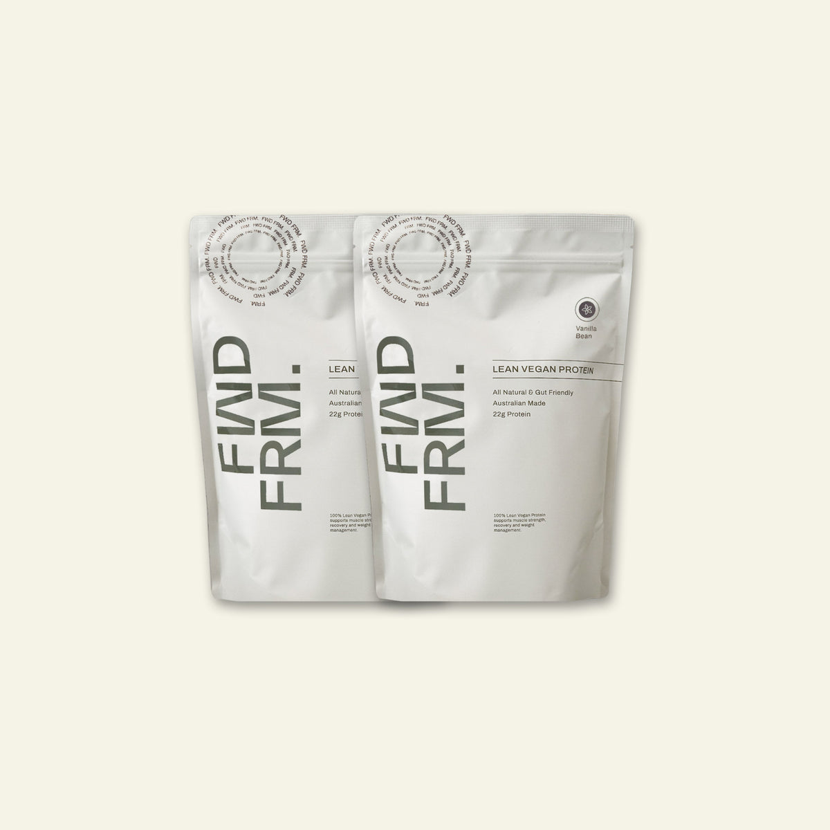Two 1kg pouches of FWD FRM Lean Vegan Protein